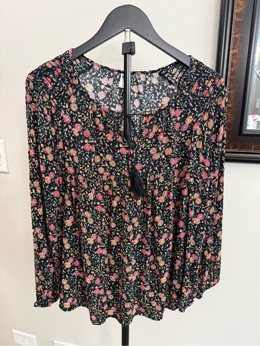 Old Navy Black Floral Peasant Blouse with Tassel Tie